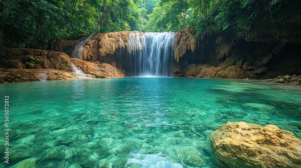 Fototapeta premium Turquoise waterfall into clear pond, green rainforest-spectacle.