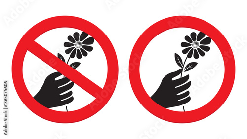 No Picking Flowers: Prohibition Signs for Parks and Gardens - Vector Icons for Plant Protection, Warning Symbols, and Park Sign. Vector.