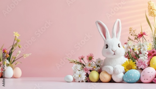 Adorable Easter fluffy bunny surrounded by flowers in soft warm light