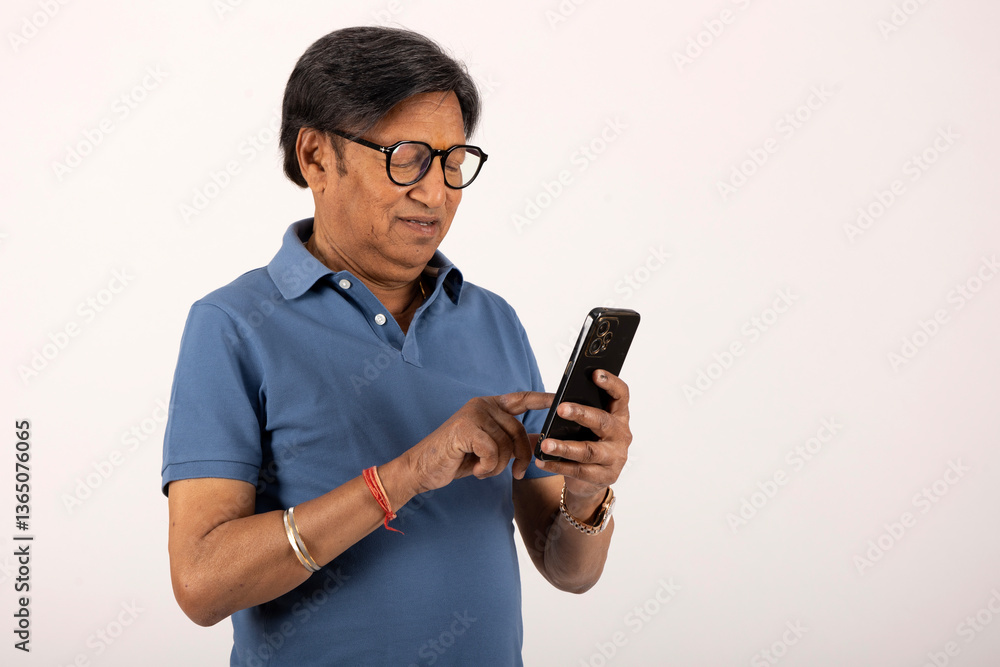 Indian senior mid aged man using smartphone on white Indian senior mid aged man using smartphone on white