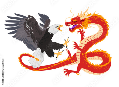 Trade war concept. Eagle versus Dragon. Economic opposition between USA and China. Vector illustration on white background.