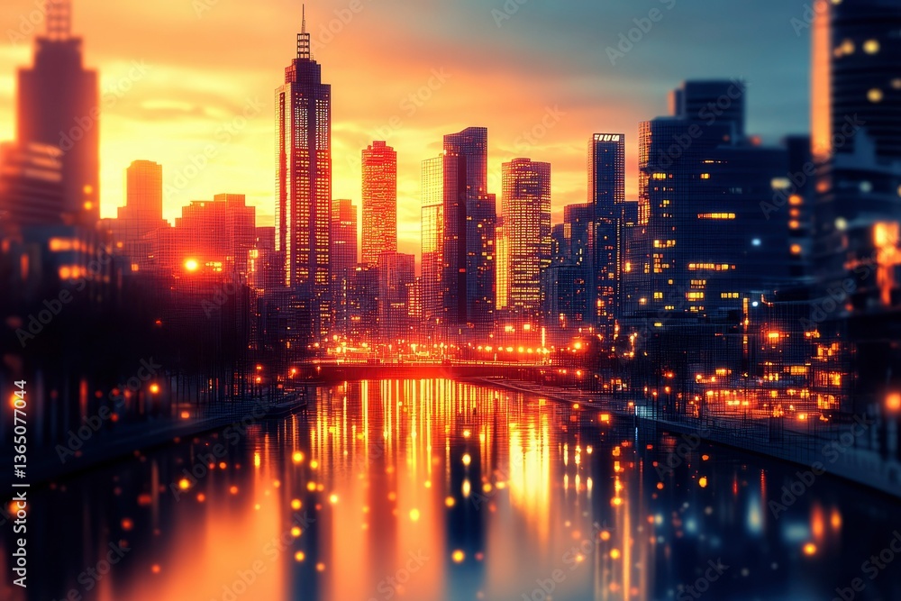 Fototapeta premium A pixel city skyline at sunset, with tiny windows lighting up and a glowing river reflecting the last rays of the sun.