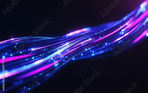 Abstract Flow of Glowing Blue Lines and Particles on Black Background Representing Digital Network