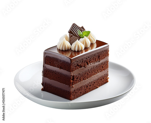 Chocolate Decadence: A luxurious slice of rich chocolate cake, layered with creamy fillings, rests on a pristine plate.