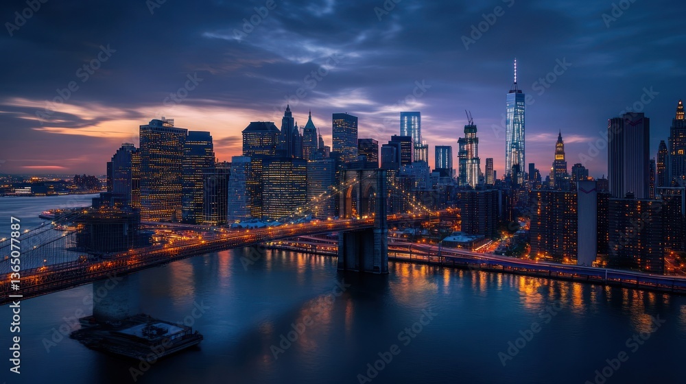 Fototapeta premium NYC twilight skyline, Brooklyn Bridge, city lights, harbor view, urban landscape