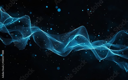 Abstract Flow of Glowing Blue Lines and Particles on Black Background Representing Digital Network