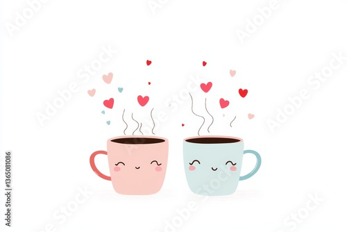 Cute Coffee Cups with Smiling Faces and Hearts in Whimsical Love and Friendship Concept Art