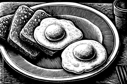 Illustration vector of fried eggs on plate black and white hand drawn sketch outline