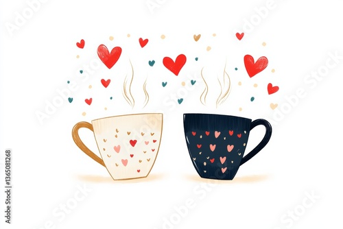 Cute Coffee Cups with Smiling Faces and Hearts in Whimsical Love and Friendship Concept Art
