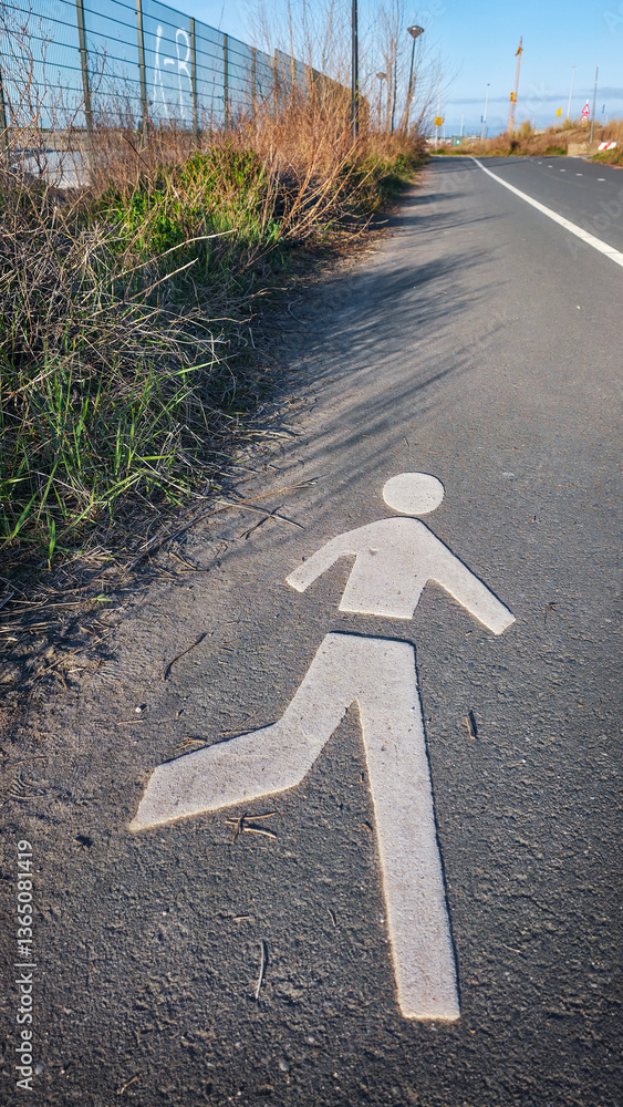White stick figure running painted on asphalt