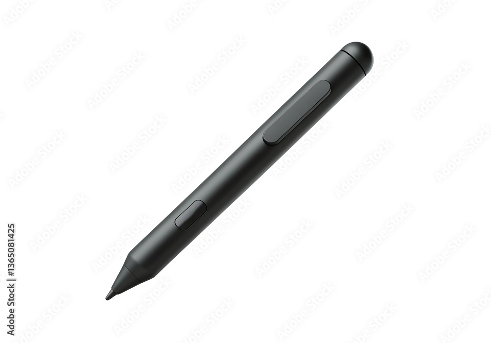 A floating digital stylus pen with a sleek design, isolated on a solid white background. A floating digital stylus pen with a sleek design, isolated on a solid white background.