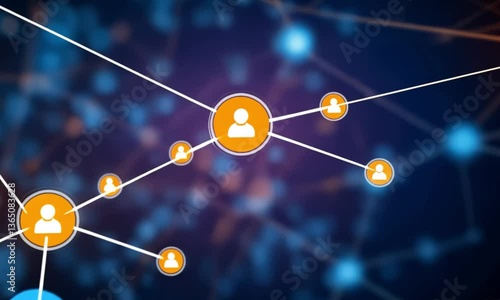 A futuristic digital network with interconnected user icons symbolizing online communication, social media, and technology. Abstract background with glowing blue nodes and orange connection points