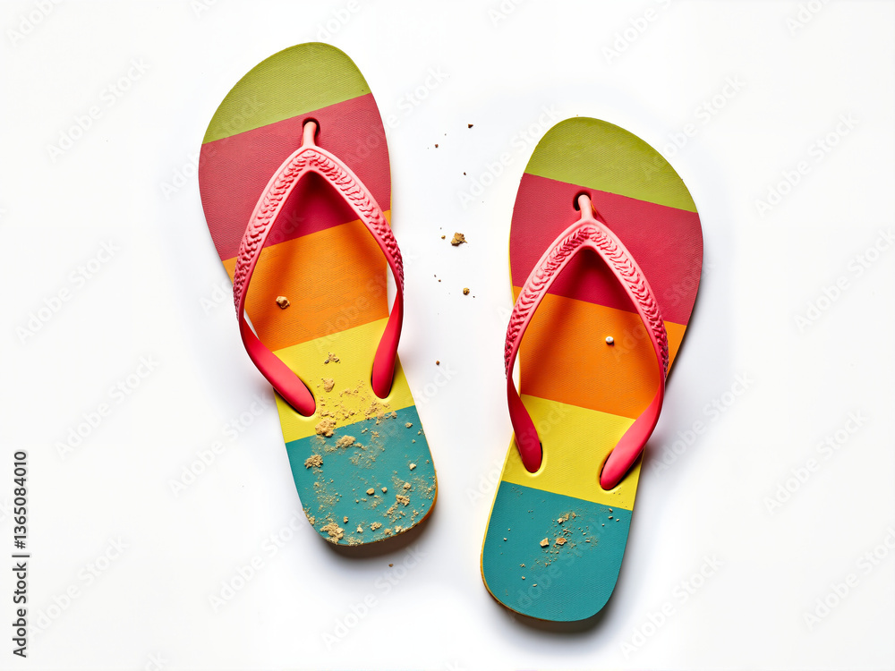 Colorful flip flops are presented on a white background, showcasing vibrant stripes. The playful design evokes a sense of summer and relaxation, ideal for beach or vacation-themed projects Colorful flip flops are presented on a white background, showcasing vibrant stripes. The playful design evokes a sense of summer and relaxation, ideal for beach or vacation-themed projects