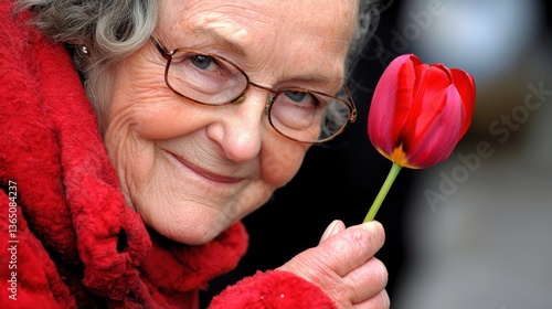 Elderly Woman Smiling with Red Tulip in Hand Wearing Cozy Red Jacket Outdoors in Natural Light