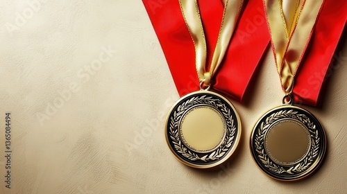 Two Gold Medals with Red Ribbons on Textured Background Perfect for Recognition and Achievement Themes