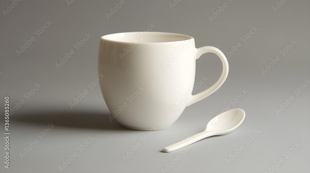 A plain white mug with a small spoon next to it A plain white mug with a small spoon next to it