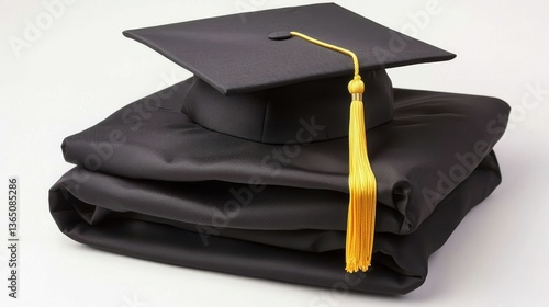 Graduation cap on folded black gown with yellow tassel, symbol of academic achievement and celebration