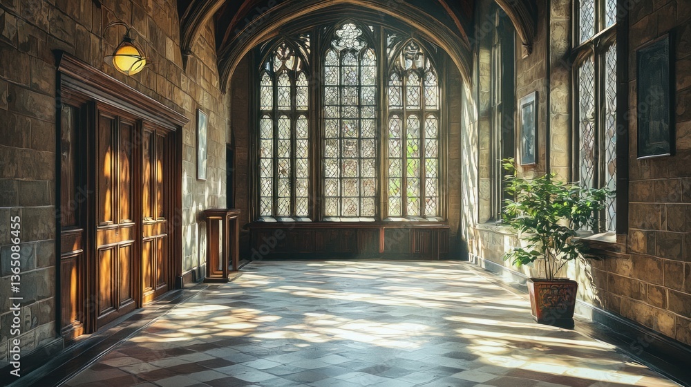 Sunlit Gothic Hallway: A Serene Architectural Masterpiece Sunlit Gothic Hallway: A Serene Architectural Masterpiece