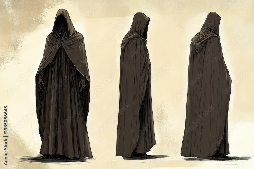 Mysterious cloaked figure standing in three poses against a soft, neutral background Mysterious cloaked figure standing in three poses against a soft, neutral background