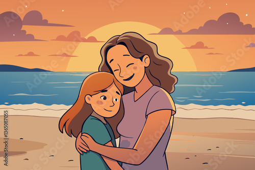 Mother embracing her daughter on a peaceful beach at sunset, a serene and loving Mothers Day background to cherish