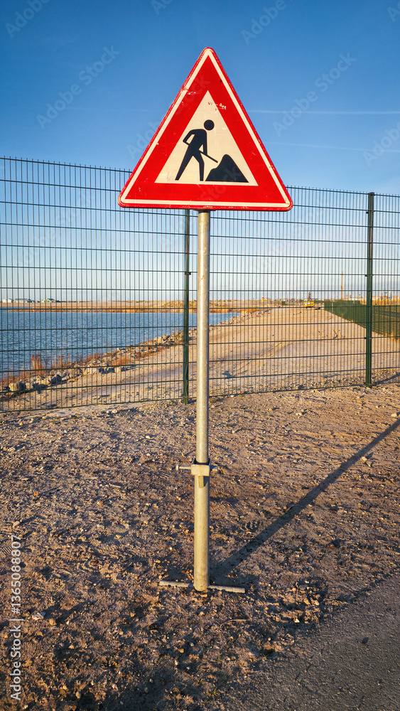 Works in progress warning sign on barren roadside