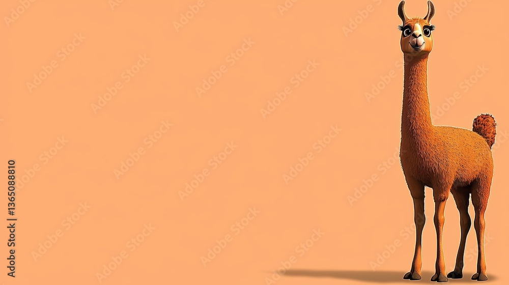 Naklejka premium Cartoon llama character standing against a pastel orange background