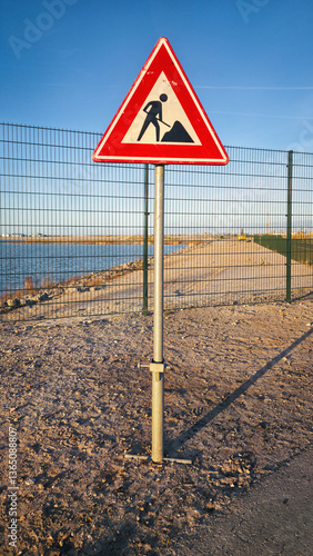 Obraz na płótnie Works in progress warning sign on barren roadside w salonie