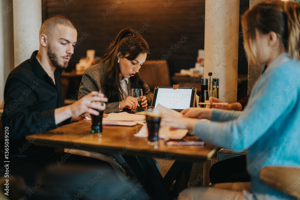Fototapeta premium Business professionals engaged in brainstorming at a table with documents, tablets, and beverages.