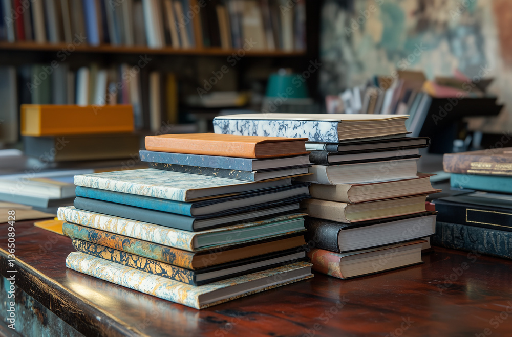 Stack of hand-bound notebooks with marbled paper covers inspires creative expression and timeless literary craftsmanship Stack of hand-bound notebooks with marbled paper covers inspires creative expression and timeless literary craftsmanship