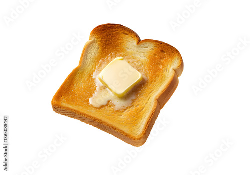A floating golden toast with butter melting on top, isolated on a solid white background.