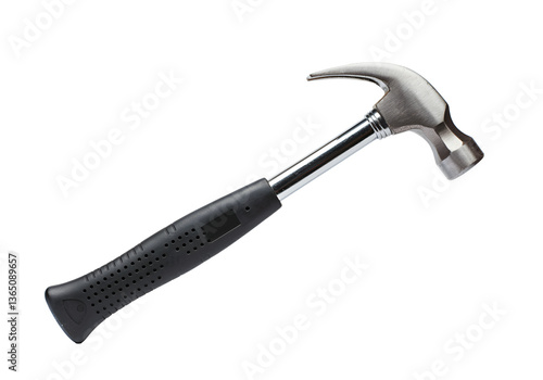 A floating hammer with a rubber grip handle, isolated on a solid white background.