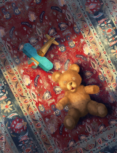 A soft toy teddy bear in a children's room on the floor on a rug in the evening