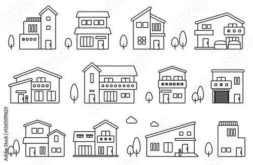 手描き住宅建物ベクターイラストセット ラフ 家 住宅展示場 町並み 街並み 不動産 一戸建て