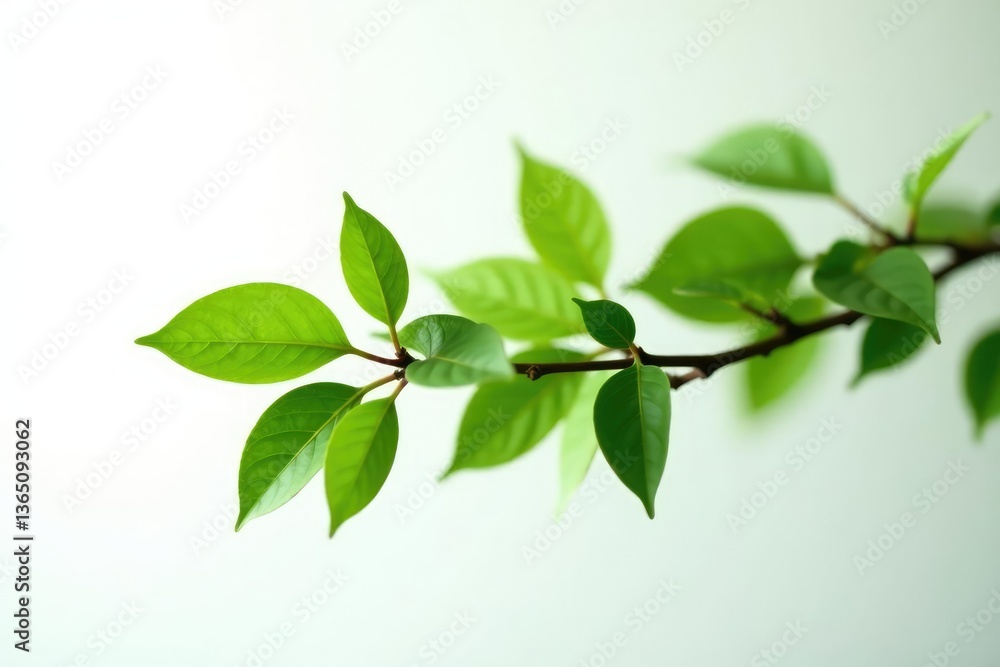 Fototapeta premium A small tree branch with green leaves isolated on white background, green, white space