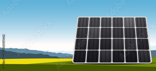 Solar panel, sun energy glass cells in nature. Green sustainable eco-friendly energy, alternative power concept.
