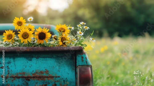 A rustic pickup truck bed filled with sunflowers and daisies, car adorned with flowers