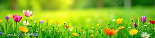 Lush green grass with colorful wildflowers blooming in a summer meadow,  field,  wildflowers