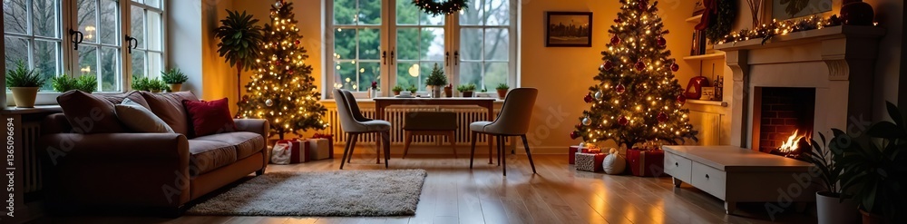 Fototapeta premium Living room adorned with Christmas trees and festive decorations on a wooden floor, Merry Christmas, ornaments