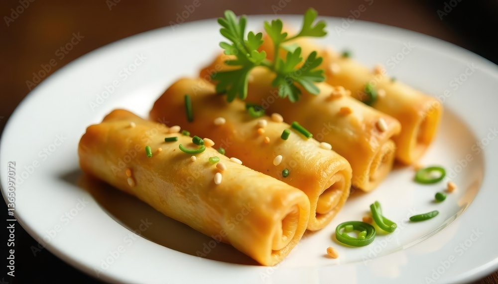 Crispy spring rolls, sesame seeds, garnish, white plate, sesame, oriental, rolls Crispy spring rolls, sesame seeds, garnish, white plate, sesame, oriental, rolls