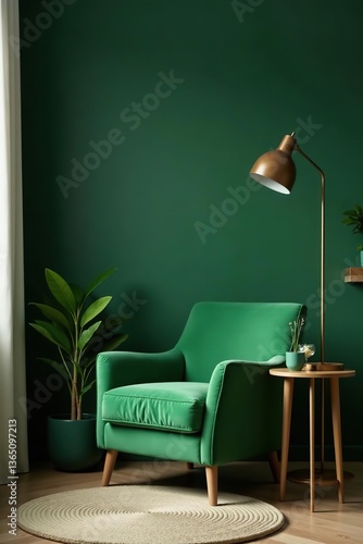living room with cozy green armchair and stylish decor on dark green wall background,  cozy,  background