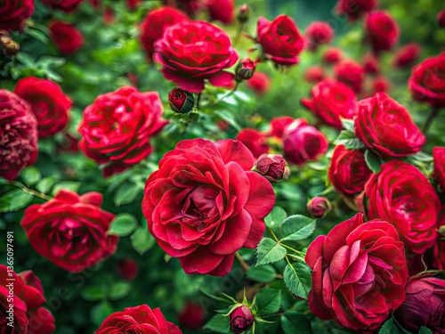 Wallpaper Mural Long Exposure Red Roses Bush Photography, Vibrant Flowers, Green Leaves, Nature, Floral, Garden, Bloom, Romantic, Beautiful, Lush, Summer, Spring, Botanical,  Closeup, Macro,  Red Rose Bush,   Torontodigital.ca