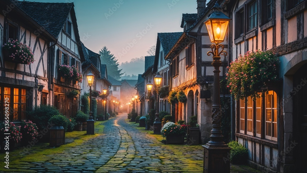 Obraz premium Early morning light casts a warm glow on a quaint village street lined with half-timbered houses and blooming flower boxes. Lanterns illuminate the cobblestone path