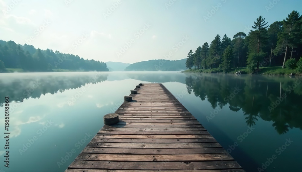 Lonely wooden dock stretching out into calm lake surrounded by trees, getaway, atmosphere Lonely wooden dock stretching out into calm lake surrounded by trees, getaway, atmosphere