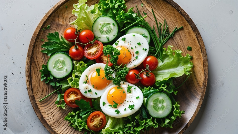 A vibrant arrangement of boiled eggs, cherry tomatoes, cucumbers, and fresh greens is presented on a wooden serving plate, showcasing a healthy meal option A vibrant arrangement of boiled eggs, cherry tomatoes, cucumbers, and fresh greens is presented on a wooden serving plate, showcasing a healthy meal option