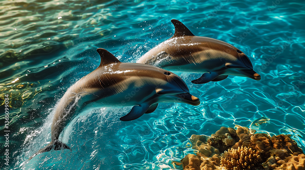 Obraz premium Dolphins playing in crystal-clear water