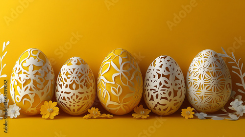Paper cut Easter egg on yellow background with copy space