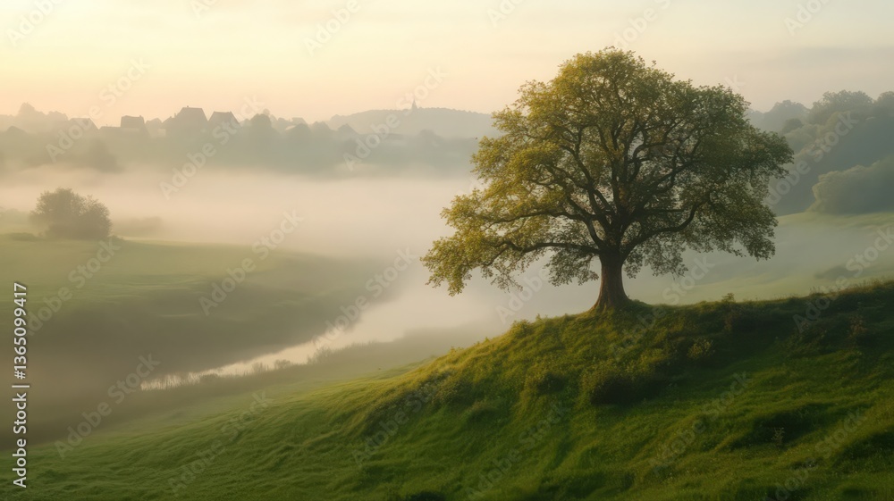 Fototapeta premium Solitary Tree on Misty Hill at Sunrise