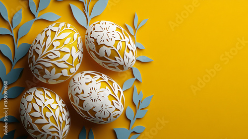 Paper cut Easter egg on yellow background with copy space