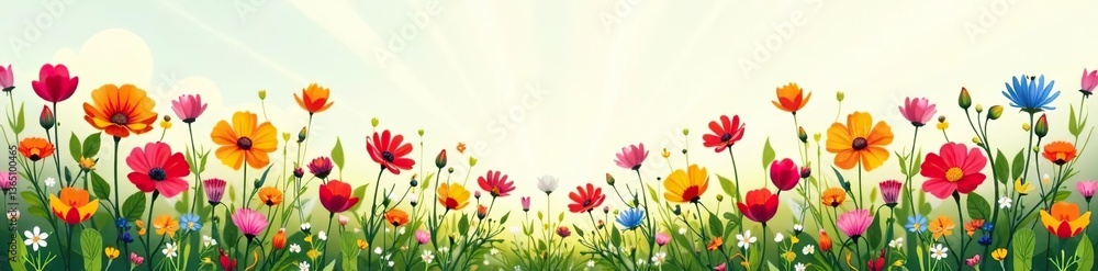 Fototapeta premium Illustration of colorful wild field flowers in full bloom with delicate petals and vibrant colors, flora, beauty