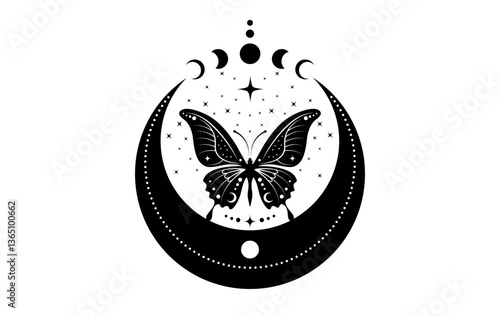 Mystical Crescent Moon and sacred butterfly with Stars Moon Phases logo design. Magic celestial clipart of yoga, spa, beauty salon, cosmetics, relax, brand style, tattoo. Isolated on white background